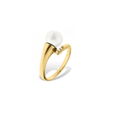 Bague Femme Perle de Culture Blanche AA de 8 mm, Diamants 0.02 cts et Or jaune 375/1000