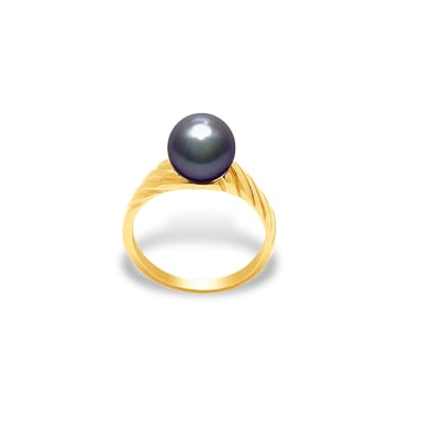 Bague Femme Perle de Culture Noire AA de 7 mm et Or jaune 375/1000