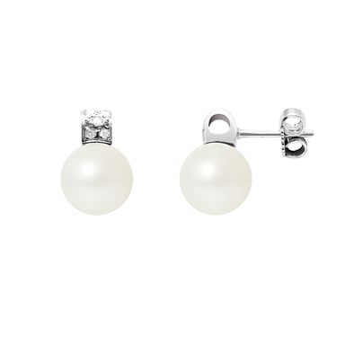 Boucles d'Oreilles Perles de Culture Blanches, Diamants et Or Blanc 750/1000