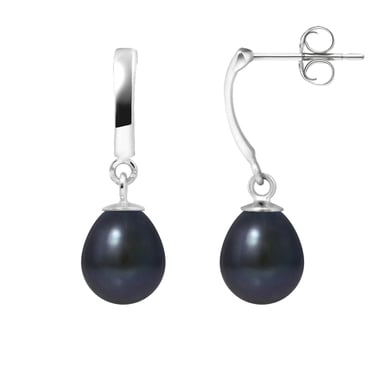 Boucles d'Oreilles Pendantes Perles de Culture d'eau douce Noires et or blanc 375/1000
