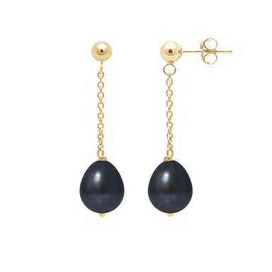 Boucles d'Oreilles Femme Pendantes Perles de Culture Noires et or jaune 750/1000
