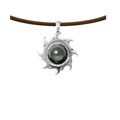 Collier Pendentif Homme Soleil Tribal en Cuir, Perle de Tahiti et Argent Massif 925