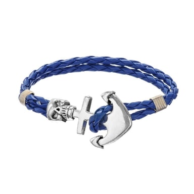 Blue Braided Leather Anchor and Skull Stainless Steel Man Bracelet