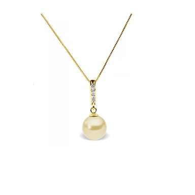 Collier Pendentif Perle de Culture d'eau douce Dorée, Diamants et Or Jaune 375/1000