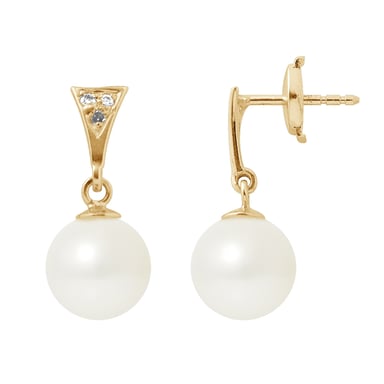 Boucles d'Oreilles Perles de Culture Blanches, Diamants et Or Jaune 750/1000