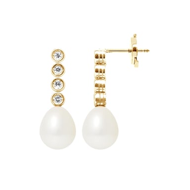 Boucles d'Oreilles Pendantes Perles de Culture Blanches, Diamants et Or Jaune 750/1000