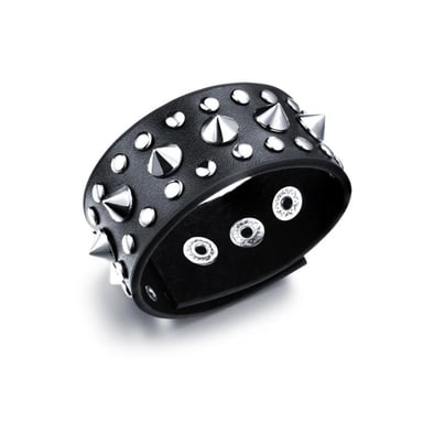 Bracelet Homme Punk en Cuir noir et acier Inoxydable