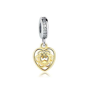 Charms Bead Pendant Coeur en Argent 925 Plaqué or jaune