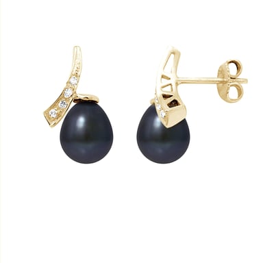 Boucles d'Oreilles Perles de Culture Noires, Diamants et Or Jaune 750/1000