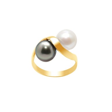 Bague Perle Blanche et Perle de Tahiti et Or jaune 750/1000