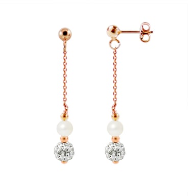 Boucles d'Oreilles Pendantes en Plaqué or Rose Perles de culture blanches et Cristal Blanc