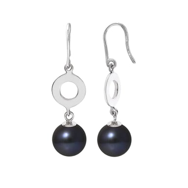 Boucles d'Oreilles Femme Pendantes à crochets Perles de Culture Noires et Argent 925/1000