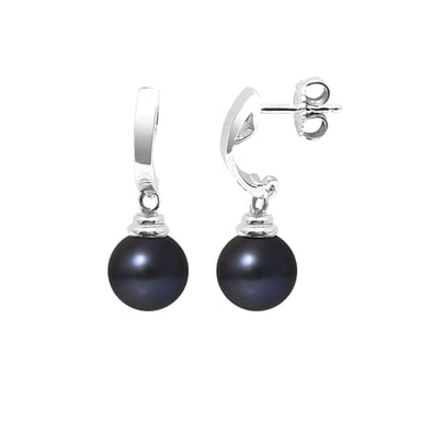 Boucles d'Oreilles Pendantes Perles de Culture d'eau douce Noires et or blanc 375/1000