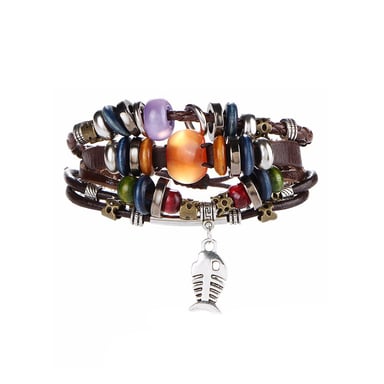 Brown Leather Multi Rows Beads, Fish and Stainless Steel Man Bracelet