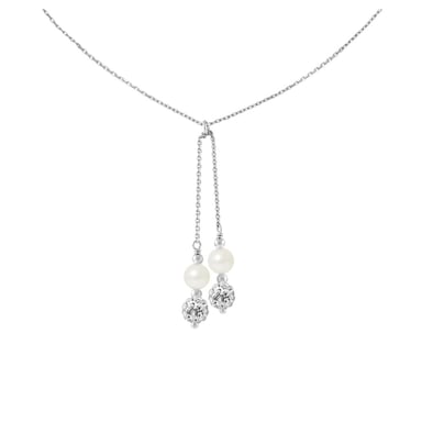 Collier Femme en Argent Massif 925/1000 et 2 Perles de Culture d'eau douce Blanches et Cristal Blanc