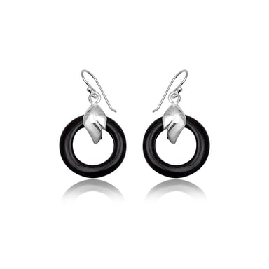 Boucles d'oreilles Pendantes Rond en Gemstone Grès Noir et Argent 925