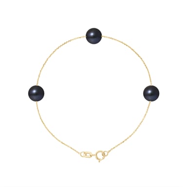 Bracelet Femme 3 Perles de culture d'eau douce Noires AA et Or jaune 750/1000