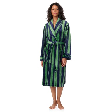 DKNY Fleece-Bademantel mittellang mit langen Ärmeln Grün gestreift