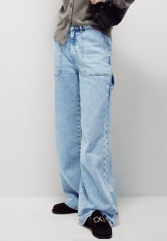 M&S Womens Relaxed High Waisted Carpenter Wide Leg Jeans in Hellblau