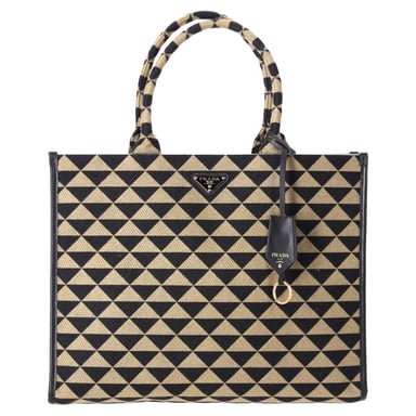 Prada Große Symbole Bestickte Tote Tasche in Schwarz und Beige Polyester