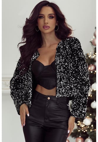 Schwarze Pailletten Offene Front Cropped Jacke