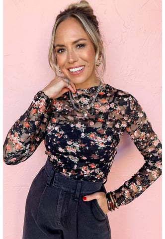 Schwarzes Blumendesign Netz Half-Bluse mit langen Ärmeln
