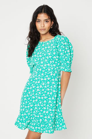 Petite Green Floral Frill Hem Mini Dress