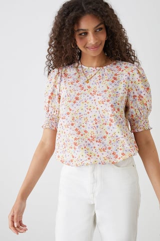 Multi Ditsy Shirred Hem Blouse