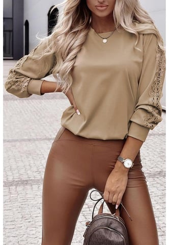 Leichter Französischer Beiger Spitzen-Häkel-Patch Crew-Neck Top