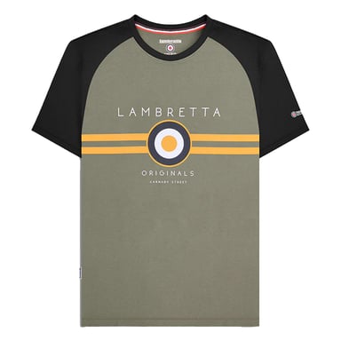 Lambretta - "SS24" T-Shirt für Herren Raglanärmel (Schwarz/Gold/Khakigrün)