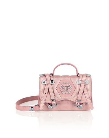 Shiny Crackle Leather Belt Handle Bag Small Hexagon