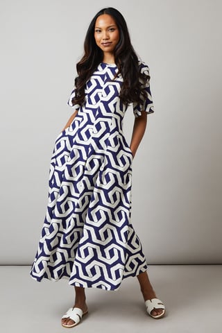 Navy Geo Print Seam Detail Midi Dress