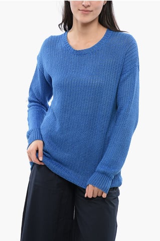 Leinenpullover mit Rundhalsausschnitt in Blau