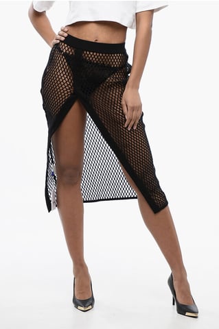 High-Waist-Midirock mit Mesh-Design in Schwarz