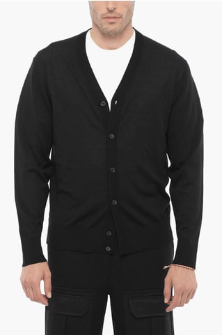 Slim Fit Wollcardigan mit V-Ausschnitt in Schwarz