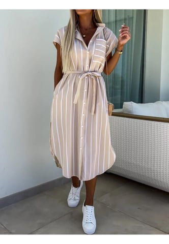 Gestreiftes Kurzarmkleid mit Bindegürtel für Damen
