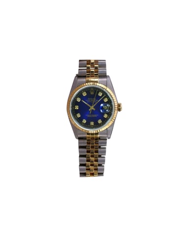 Rolex Datejust Herrenuhr, 2-farbig, blaues Diamantzifferblatt, 18 Karat, geriffelte Lünette, 36 mm, 16233