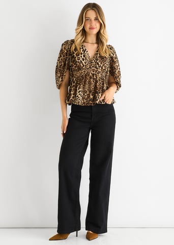 Braune Bluse mit Tiermotiv und Schößchen am V-Ausschnitt
