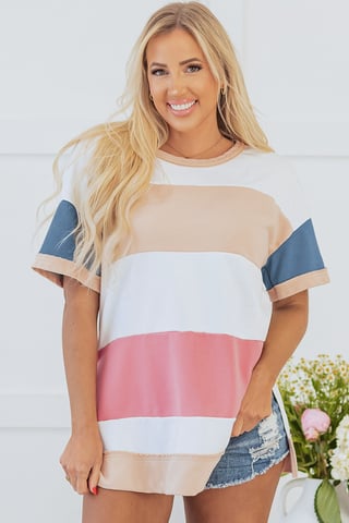 Mehrfarbige Colorblock-Patchwork Tunika T-Shirt mit Seitenschlitz