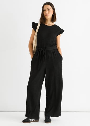 Schwarzer Jumpsuit mit elastischer Taille und Rüschen aus Stretch-Material