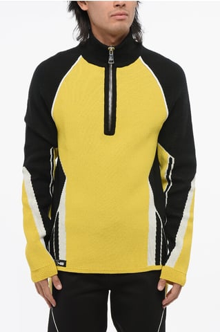 Wollmischung-Farbblockpullover mit halbem Reißverschluss in Giallo, Bianco e Nero