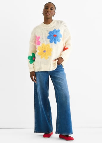 Cremfarbener floraler Häkel-Chunky-Strick Oversized-Pullover