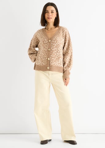 Kamel Tierdruck Wollmix Cardigan Look Pullover