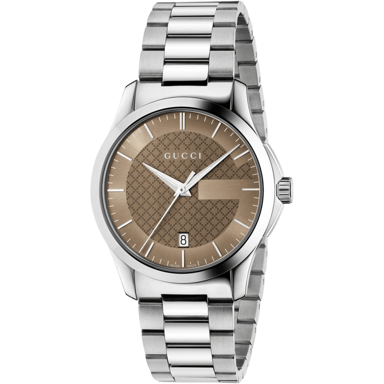 Gucci G-Timeless YA126445 Unisex-Uhr mit braunem Zifferblatt und silbernem Armband