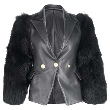 Balmain Einreiher Blazer mit Pelzärmeln aus schwarzem Leder