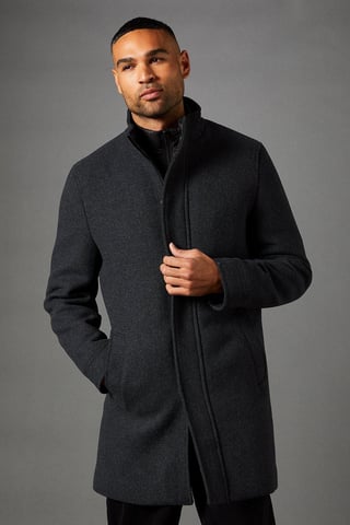 Charcoal Signature Funnel Neck Wool Blend Coat With Insert