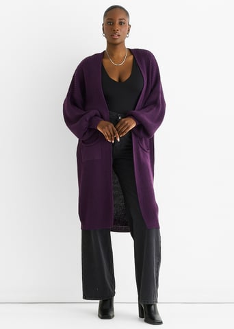 Lila Grobstrick-Langstrickjacke