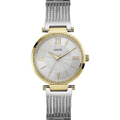 Elegante Guess W0638L7 Soho Quarzkristall Damenuhr mit Silber Zifferblatt