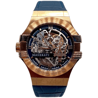 Maserati R8821108022 Herren-Automatikuhr mit skelettiertem Zifferblatt in Roségold und Blau