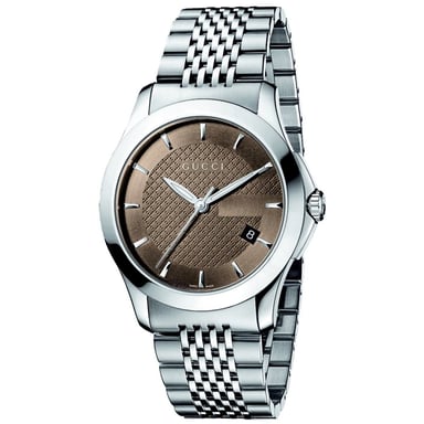 Gucci G-Timeless Herrenuhr YA126406 mit braunem Zifferblatt und Silberarmband